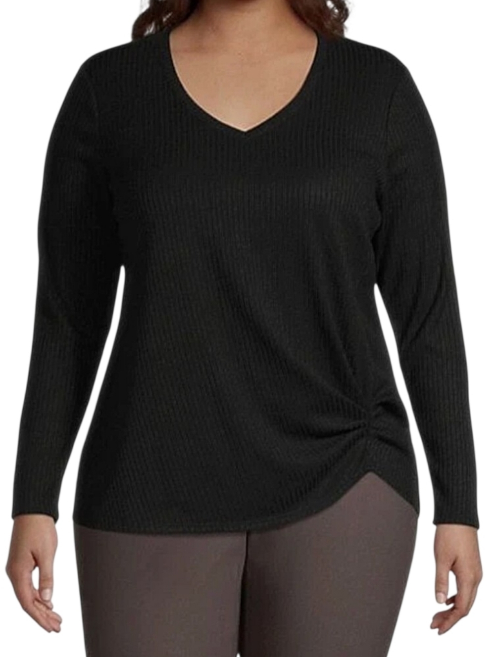 NIC+ZOE Cozy Black Long Sleeve V Neck Rib Knit Rayon Blend Twist Top Size XL